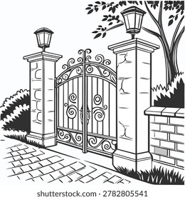 Decorative wrought iron gate with stone pillars and vintage lanterns created as a black and white vector illustration for architectural design and classic landscape garden projects