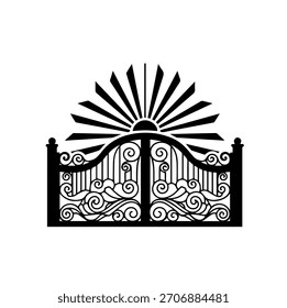Ilustración decorativa de la silueta del Vector de la puerta del hierro forjado: Entrada de arco de la explosión del sol naciente