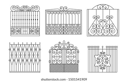 Decorative Wrought Iron Gates Set. Vintage Fences with Swirls. Vector Illustration.