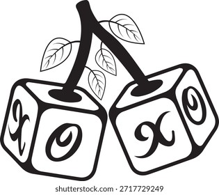 Cubos decorativos 'x' y 'o' en un tallo, que se asemejan a una cereza en un encantador estilo blanco y negro