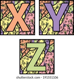 Decorative X, Y, Z alphabet letters with floral elements