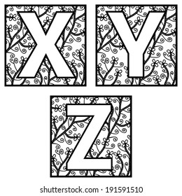 Decorative X, Y, Z alphabet letters with floral elements 