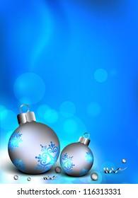 Decorative Xmas balls on snowflakes background for Merry Christmas festival. EPS 10.