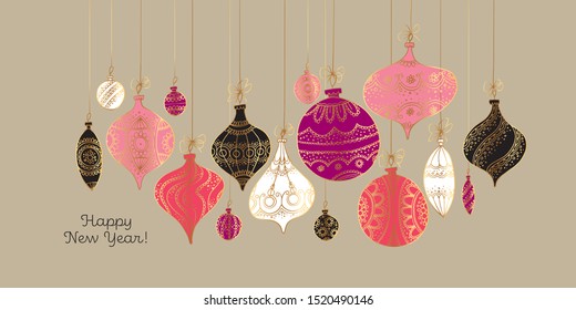 Decorative xmas card with hanging vintage bauble. Retro style luxury naive hand drawn christmas decoration for card, header, invitation, poster, social media, post publication.
