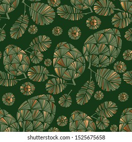 Decorative xmas green pine cone seamless pattern for background, wrap, fabric, textile, wrap, surface, web and print design. Gold and emerald color luxury pinecone vector silhouette. 
