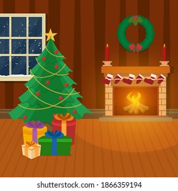 Decorative Xmas Tree With 3D Gift Boxes, Wreath And Fireplace On Brown Interior View Background.