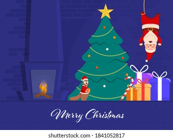 Decorative Xmas Tree With Cartoon Santa Hanging Upside, Cheerful Squirrel, Gift Boxes, Candy Cane And Fireplace On Blue Brick Wall Background For Merry Christmas.