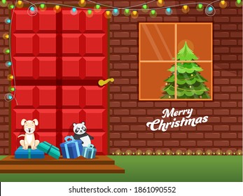Decorative Xmas Tree Inside Home, Cartoon Dog, Polar Bear And Gift Box On Door For Merry Christmas Celebration.