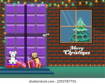 Árbol De Navidad Decorativo Dentro De Casa, Perro De Caricatura, Oso Polar Y Caja De Regalos A Puerta Para Feliz Navidad.