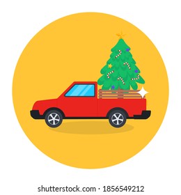 Decorative xmas tree inside pickup, christmas truck icon