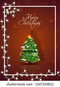 Decorative xmas tree with lighting garland decorated on brown background for Merry Christmas celebration.