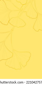 Decorative yellow background with ginkgo branch. Branch with leaves. Card template design. Vector illustration.