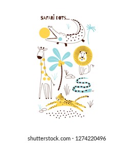 Decorative yellow and blue Savannah Wild Animals illustration with allegator, giraffe, lion, snake, leopard, Scandinavian style safari graphic, Kids summer t-shirt print