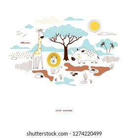 decorative yellow and blue savannah wildlife illustration with giraffe, lion, rhino, scandinavian style safari graphic, kids summer t-shirt print