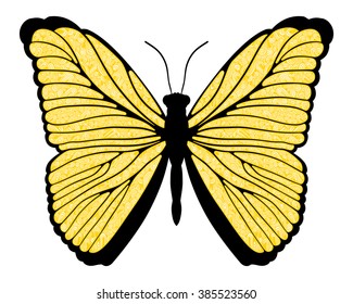 Decorative yellow butterfly, isolated on white background. Vector illustration.