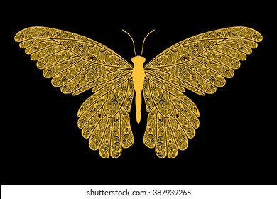 Decorative yellow butterfly, isolated on black background. Vector illustration.