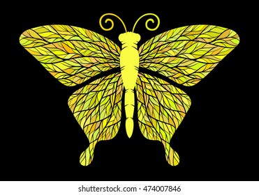 Decorative yellow butterfly, isolated on black background. Vector illustration.