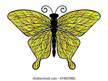 Decorative yellow butterfly, isolated on white background. Vector illustration.