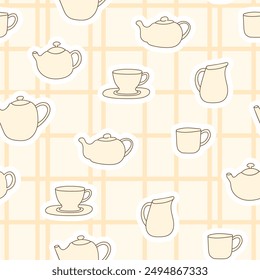 Decorative yellow checkers and kettle with cup seamless pattern. Vector cute doodle hand drawn illustration. Simple design for printing wrapping paper, fabric, textile, wallpaper.