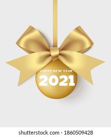 Decorative yellow Christmas ball with golden bow and happy New Year 2021 text isolated on grey. New year decoration. Vector illustration