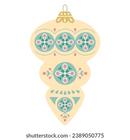 Decorative yellow Christmas tree toy with an icicle-shaped pattern. Flat style. Vector illustration.