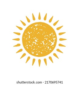 Decorative yellow circle sun surrounded by shining beams drop shape hand drawn logotype grunge texture vector illustration. Natural solar symbol summer sunny day heat desert weather travel vacation