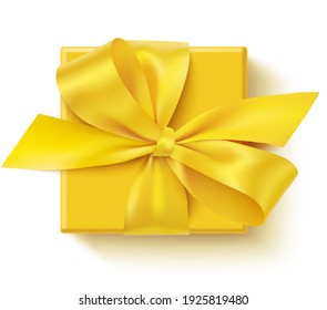 Decorative yellow gift box with yellow bow isolated on white. Gift wrapping design template. Top view. Flat lay. Vector stock illustration. 