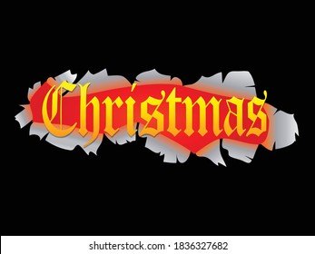 Decorative Yellow Gothic Style Christmas Text Coming Out From A Ripped Black Background