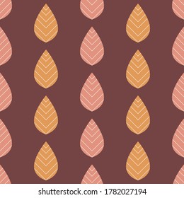 Decorative yellow and pink leaves on red-brown background. Seamless natural pattern. Suitable for textile, packaging.