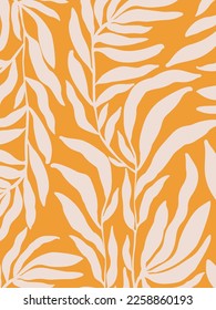 Decorative yellow wallpaper with pink branches. Delicate, light-toned pattern with botanical elements. Nature-inspired poster for accent wall. Wall decor and mural for nursery. Twigs background.
