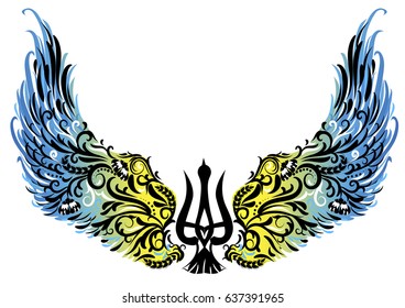 Decorative yellow-blue wings. Vector illustration