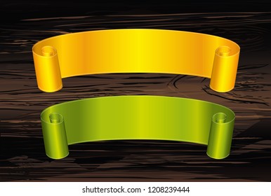 Decorative yellow/gold and green ribbons banner with copy on wooden background Vector. For a holiday or a party.