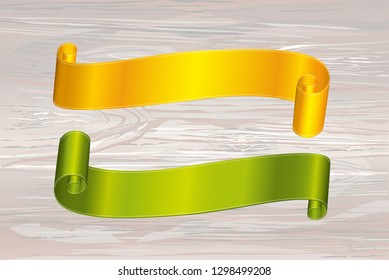 Decorative yellow/gold and green ribbons banner with copy space on wooden background. Vector. For a holiday or a party.