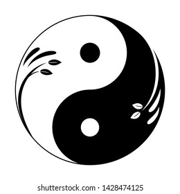 Decorative yin yang symbol. Abstract yin-yang icon with sprigs and leaves. 
Symbol of unity of masculine and feminine. Vector illustration.