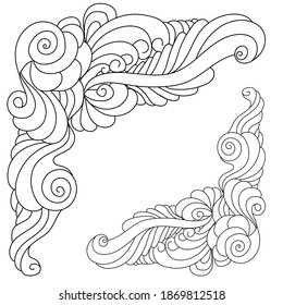 Decorative zen corner made of doodle curls and flowing lines, coloring page with corner frame with tangles and spirals, vector illustration for design