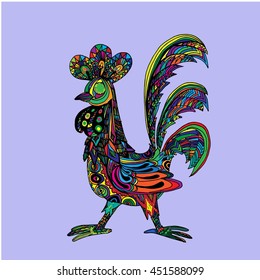 Decorative zen tangle cock. Hand drawn vector stock illustration. Colorful image. Year 2017 symbol.