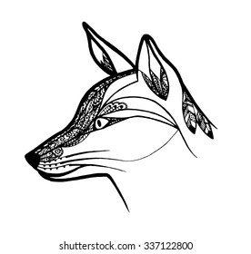 Decorative zen tangle fox tattoo with feathers hand drawn detailed sketch vector for t-shirt. American boho spirit