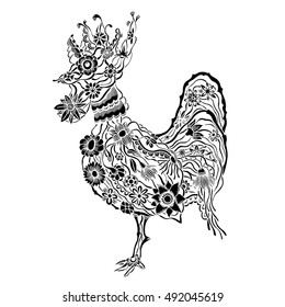 Decorative zentangle cock. Hand drawn vector stock illustration. Colorful image. Year 2017 symbol.