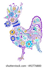 Decorative zentangle cock. Hand drawn vector stock illustration. Colorful image. Year 2017 symbol.