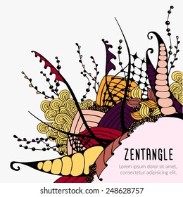 Decorative zentangle element corner. Abstract invitation card. Template design for card or poster. Bright colored elements in light background 