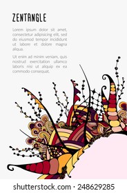 Decorative zentangle element corner. Abstract template for a poster design. Bright colors (yellow, pink, red) on light background
