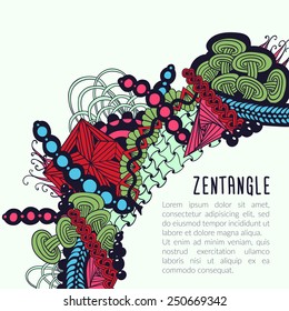 Decorative zentangle element corner. Abstract invitation card. Vector template design for card or poster. Bright colored elements on light background