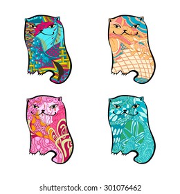 Decorative zentangle ornament cat set - vector illustration