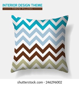 Decorative Zig Zag Throw Pillow design template. Original pattern in Turquoise & Brown is masked. Modern interior design element. Creative Sofa Toss Pillow. Vector design is layered, editable 