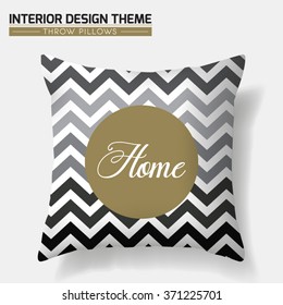 Decorative Zigzag Throw Pillow design template in Gold & Black. Original abstract pattern is masked. Modern interior design element. Creative Sofa Cushion. Vector design is layered, editable.