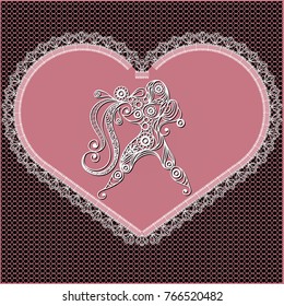 Decorative zodiac sign Aquarius. Horoscope and astrology (astronomy)-symbol. Lace heart-concept of love for Valentine's day. Vector illustration.