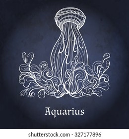 Signo de Zodiaco decorativo Aquarius en el cielo nocturno fondo estilo zentángulo