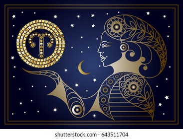 Decorative zodiac sign Aries. Horoscope and astrology, astronomy-symbol. Suitable for invitation, flyer, sticker, poster, banner, card, label, cover, web. Vector illustration.