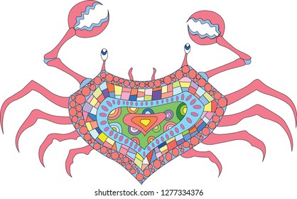 Decorative Zodiac sign Cancer (Crab) . Astrological horoscope collection. Hand drawn multicolor pattern   on white dackground. 
