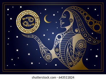 Decorative zodiac sign Cancer. Horoscope and astrology, astronomy-symbol. Suitable for invitation, flyer, sticker, poster, banner, card, label, cover, web. Vector illustration.